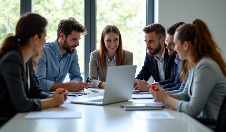 A group of diverse people collaborating around a table, symbolizing partnership and teamwork.