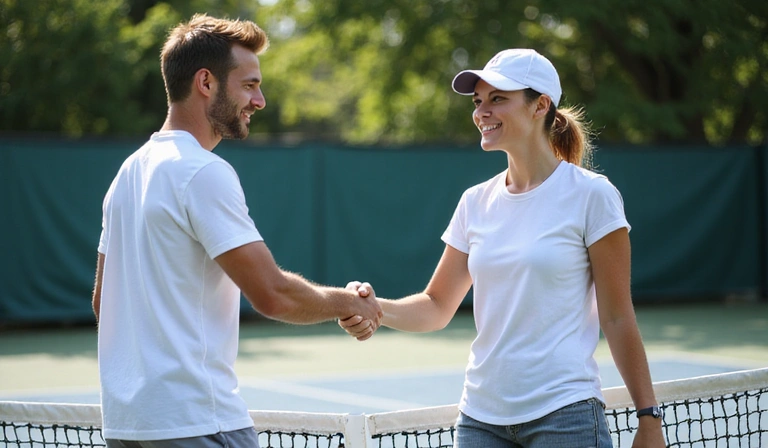 Two tennis players shaking hands on a court after a match, symbolizing sportsmanship and community.