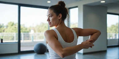 A person recovering from a tennis injury, stretching