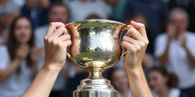 A person holding a tennis trophy with a beaming smile