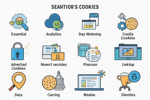 Illustration of various cookie types and digital privacy icons