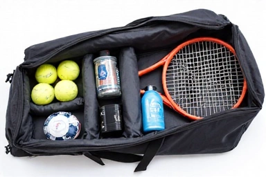 A tennis bag with multiple compartments, showing rackets and accessories