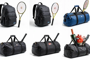 A variety of tennis bags, from small to large, for carrying equipment