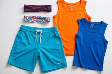 A selection of moisture-wicking tennis shirts and shorts laid out