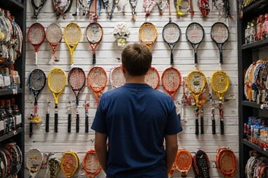 Beginner choosing a tennis racket in a sports store