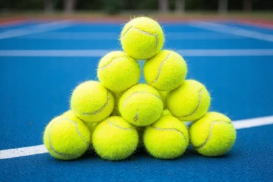 Bright yellow tennis balls stacked in a pyramid shape on a tennis court