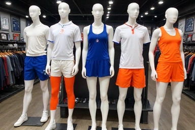 Modern tennis apparel for men, women, and juniors displayed on mannequins
