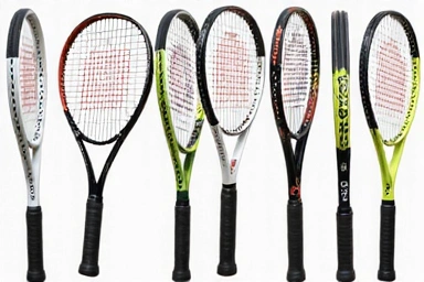 Tennis rackets organized neatly, showcasing various brands and models